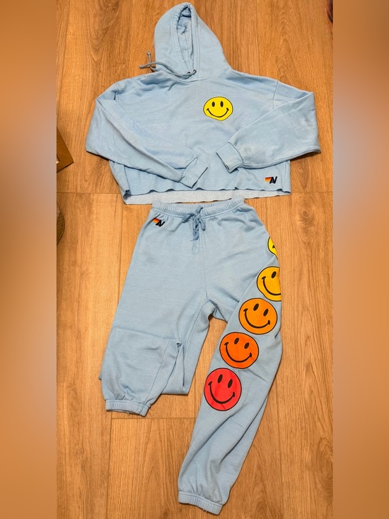Aviator Nation Other - Aviator Nation Pale Blue Smiley Face Hoodie & Joggers Set
